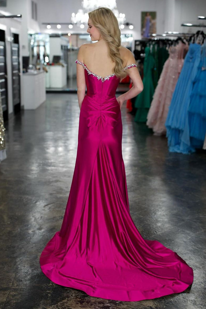 Load image into Gallery viewer, Sparkly Silver Mermaid Off the Shoulder Beaded Satin Corset Long Prom Dress with Slit