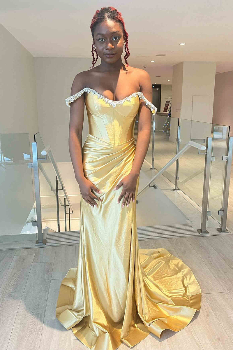 Load image into Gallery viewer, Sparkly Silver Mermaid Off the Shoulder Beaded Satin Corset Long Prom Dress with Slit
