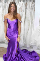 Load image into Gallery viewer, Sparkly Silver Mermaid Off the Shoulder Beaded Satin Corset Long Prom Dress with Slit