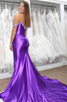 Load image into Gallery viewer, Sparkly Silver Mermaid Off the Shoulder Beaded Satin Corset Long Prom Dress with Slit
