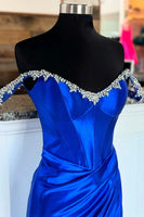 Load image into Gallery viewer, Sparkly Silver Mermaid Off the Shoulder Beaded Satin Corset Long Prom Dress with Slit