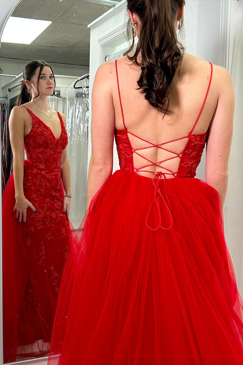 Load image into Gallery viewer, Sparkly Red Mermaid V Neck Tulle Long Prom Dress with Appliques