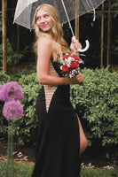 Load image into Gallery viewer, Sparkly Black Mermaid Strapless Beading Satin Long Prom Dress with Slit