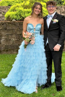 Load image into Gallery viewer, Sparkly Light Blue A-Line Strapless Beaded Ruffles Bows Long Prom Dress with Slit