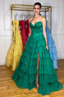 Load image into Gallery viewer, Blue A-Line Strapless Ruched Corset Tiered Long Prom Dress with Slit