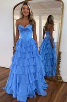 Load image into Gallery viewer, Women Blue Chiffon Maxi Prom Dress Strapless Corset Tiered Evening Dress with Slit
