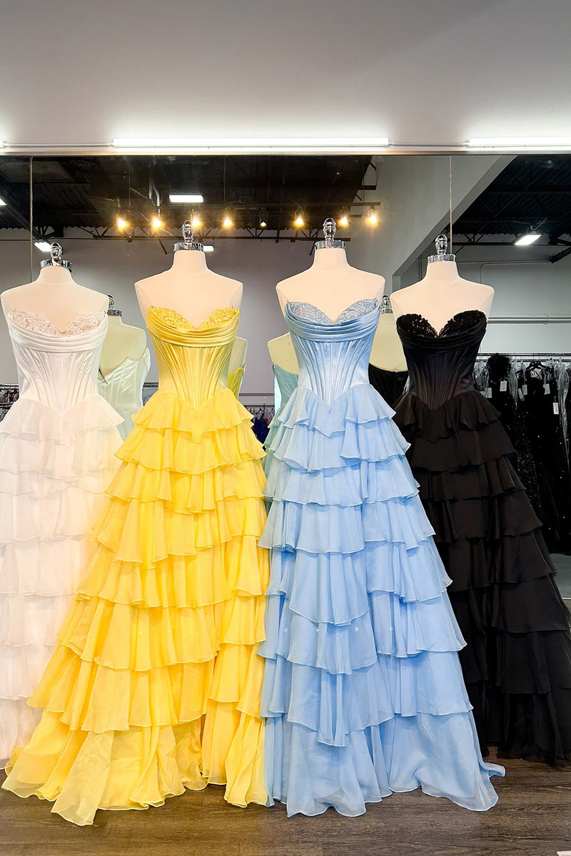 Load image into Gallery viewer, Women Light Blue Chiffon Maxi Prom Dress Strapless Corset Tiered Evening Dress with Slit