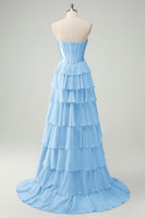 Load image into Gallery viewer, Blue A-Line Strapless Ruched Corset Tiered Long Prom Dress with Slit