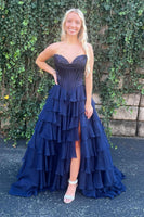 Load image into Gallery viewer, Women Navy Chiffon Maxi Prom Dress Strapless Corset Tiered Evening Dress with Slit