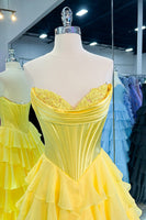 Load image into Gallery viewer, Blue A-Line Strapless Ruched Corset Tiered Long Prom Dress with Slit