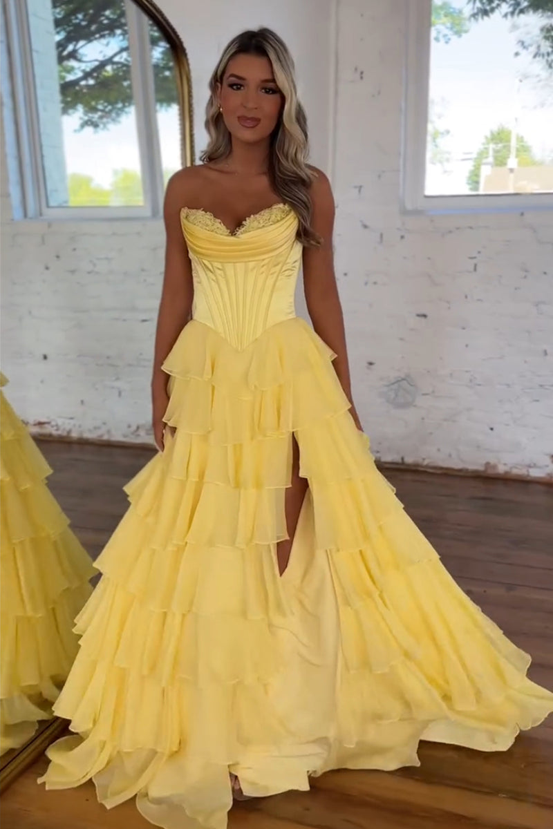 Load image into Gallery viewer, Women Yellow Chiffon Maxi Prom Dress Strapless Corset Tiered Evening Dress with Slit