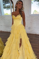 Load image into Gallery viewer, Blue A-Line Strapless Ruched Corset Tiered Long Prom Dress with Slit