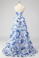 Load image into Gallery viewer, White Blue Flower Tiered Corset Sweetheart Maxi Chiffon Prom Dress
