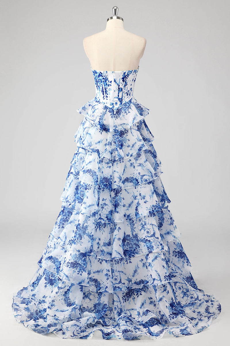 Load image into Gallery viewer, White Blue Flower Tiered Corset Sweetheart Maxi Chiffon Prom Dress