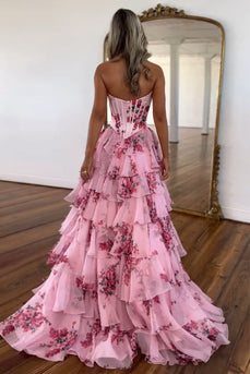 Women White Blue Flower Prom Dress with Embroidery A Line Corset Strapless Tiered Long Formal Dress
