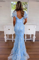 Load image into Gallery viewer, Sparkly Blue Mermaid Flowers Puff Sleeves Long Prom Dress with Bow