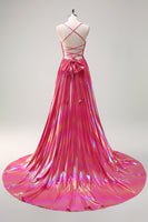 Load image into Gallery viewer, Metallic Blush A-Line Spaghetti Straps Beaded Ruched Long Prom Dress with Slit