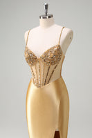 Load image into Gallery viewer, Sparkly Golden Mermaid Spaghetti Straps Beaded Corset Long Prom Dress with Slit