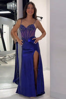 Load image into Gallery viewer, Sparkly Golden Metallic Mermaid Corset Long Prom Dress with Slit