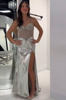 Load image into Gallery viewer, Sparkly Golden Metallic Mermaid Corset Long Prom Dress with Slit