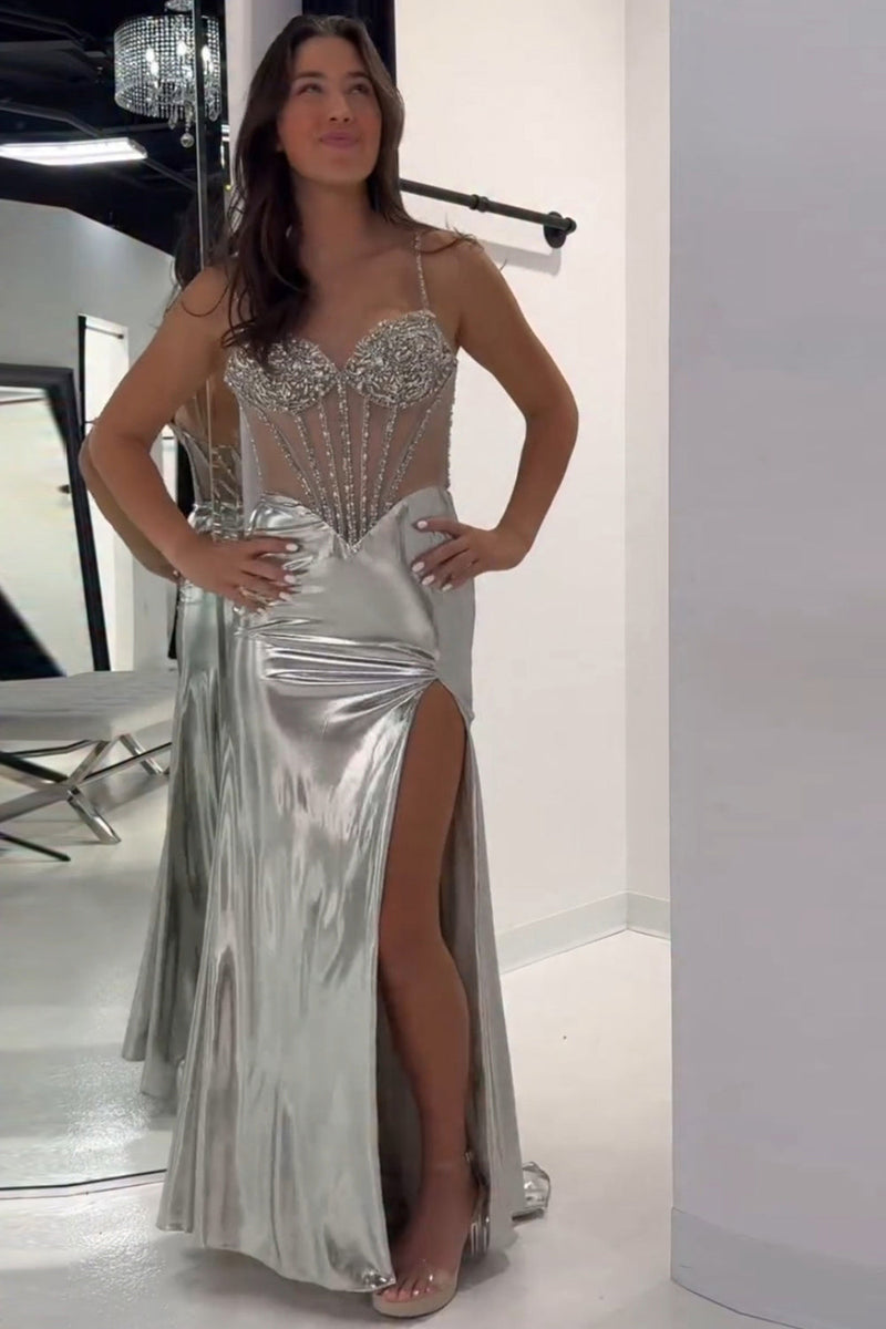 Load image into Gallery viewer, Sparkly Golden Metallic Mermaid Corset Long Prom Dress with Slit