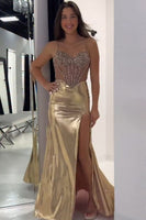 Load image into Gallery viewer, Sparkly Golden Metallic Mermaid Corset Long Prom Dress with Slit