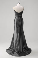 Load image into Gallery viewer, Sparkly Champagne Mermaid Spaghetti Straps Corset Ruched Appliques Long Prom Dress with Slit