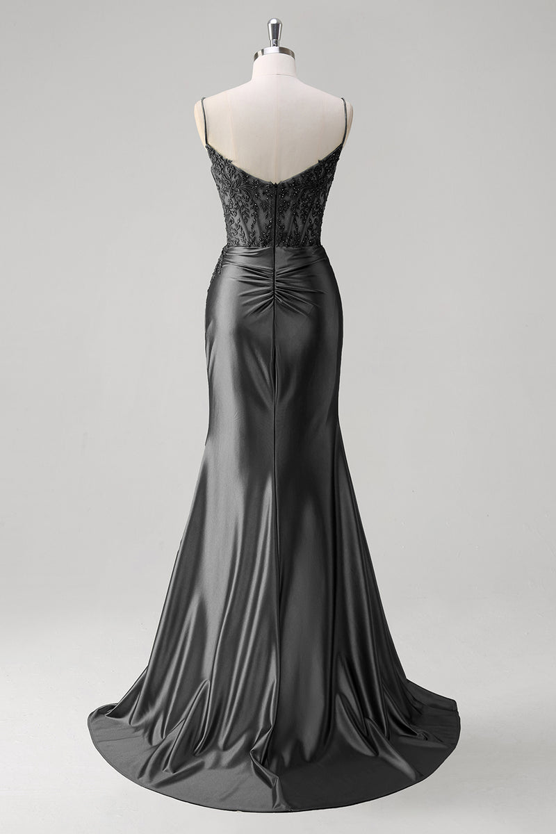 Load image into Gallery viewer, Sparkly Champagne Mermaid Spaghetti Straps Corset Ruched Appliques Long Prom Dress with Slit