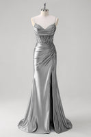 Load image into Gallery viewer, Sparkly Champagne Mermaid Spaghetti Straps Corset Ruched Appliques Long Prom Dress with Slit