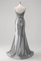 Load image into Gallery viewer, Sparkly Champagne Mermaid Spaghetti Straps Corset Ruched Appliques Long Prom Dress with Slit