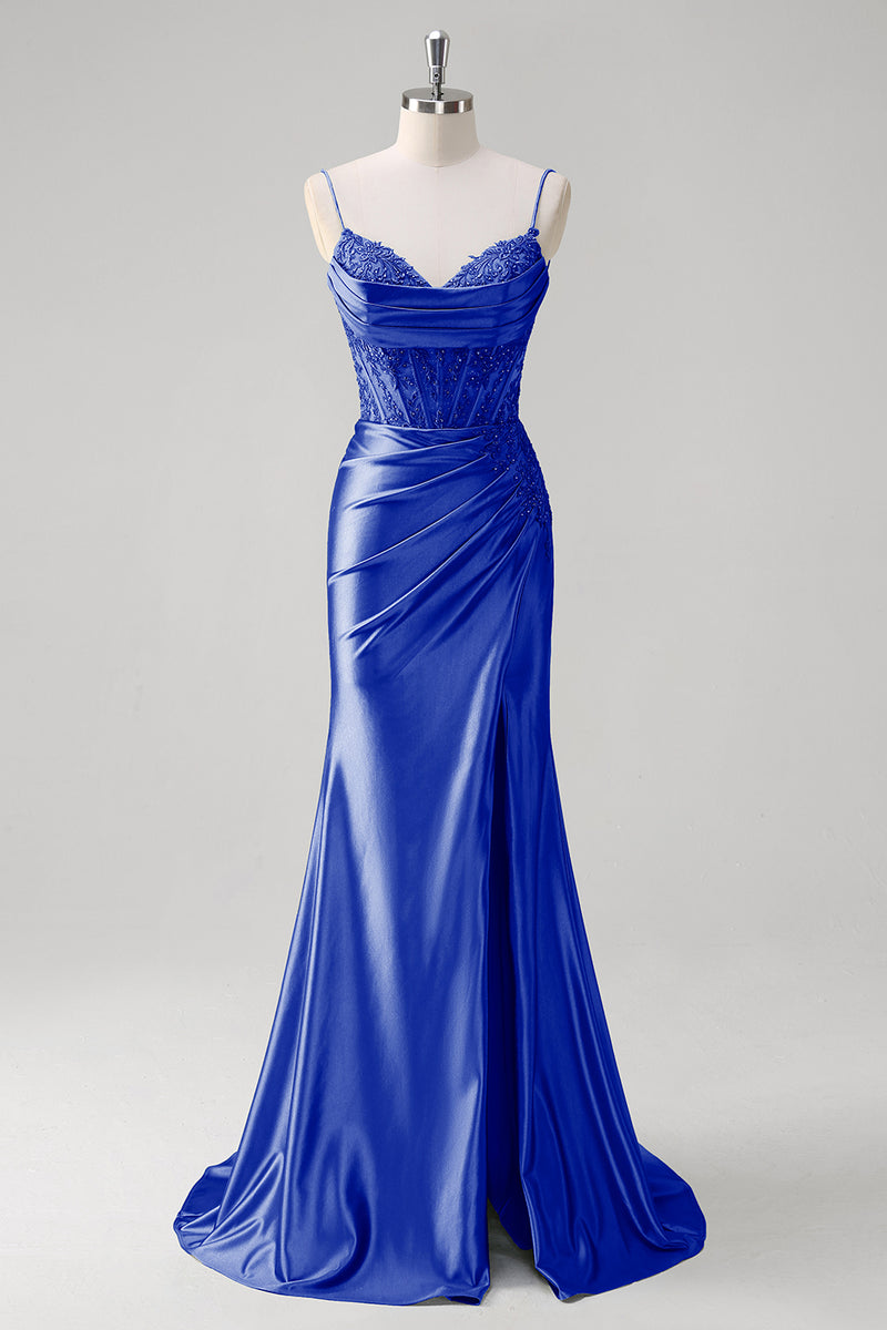 Load image into Gallery viewer, Sparkly Champagne Mermaid Spaghetti Straps Corset Ruched Appliques Long Prom Dress with Slit