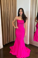 Load image into Gallery viewer, Sparkly Fuchsia Mermaid Spaghetti Straps Beaded Satin Long Prom Dress