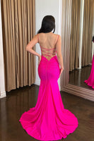 Load image into Gallery viewer, Sparkly Fuchsia Mermaid Spaghetti Straps Beaded Satin Long Prom Dress