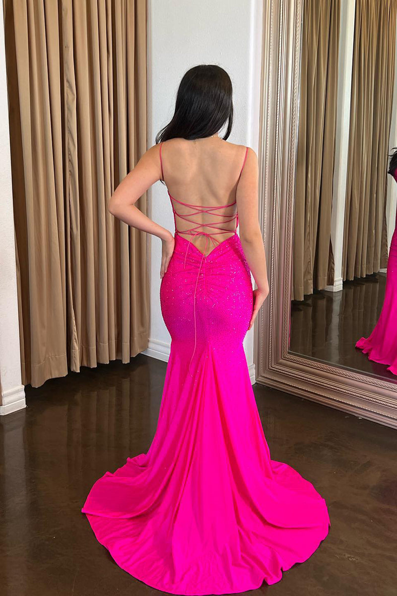 Load image into Gallery viewer, Sparkly Fuchsia Mermaid Spaghetti Straps Beaded Satin Long Prom Dress