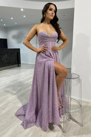 Load image into Gallery viewer, Sparkly Taro A-Line Spaghetti Straps Corset Ruched Long Prom Dress with Slit