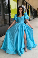 Load image into Gallery viewer, Blue A-Line Puff Sleeves Corset Ruffle Long Prom Dress with Slit