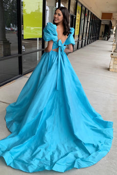 Blue A-Line Puff Sleeves Corset Ruffle Long Prom Dress with Slit