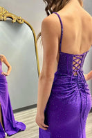 Load image into Gallery viewer, Sparkly Violet Mermaid Spaghetti Straps Beaded Corset Satin Ruched Long Prom Dress with Slit