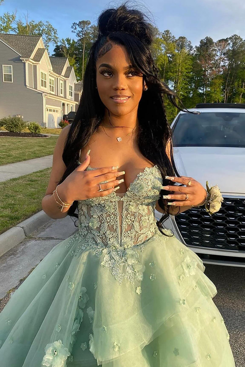 Queendancer Women Floral Sage Corset Tulle Prom Dress with Appliques A Line  Spaghetti Straps Long Formal Dress with Lace Up – queendanceruk