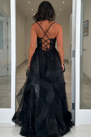 Load image into Gallery viewer, Sparkly Black Tiered Corset Long Tulle Prom Dress with Lace Up
