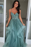 Load image into Gallery viewer, Sparkly Grey Green Corset A Line Long Tulle Prom Dress with Appliques