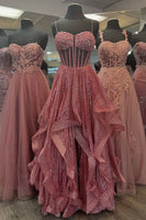 Load image into Gallery viewer, Sparkly Grey Blue Beaded Corset Long Tulle Prom Dress