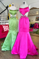 Load image into Gallery viewer, Sparkly Fuchsia Mermaid Spaghetti Straps Beaded Long Prom Dress with Bow