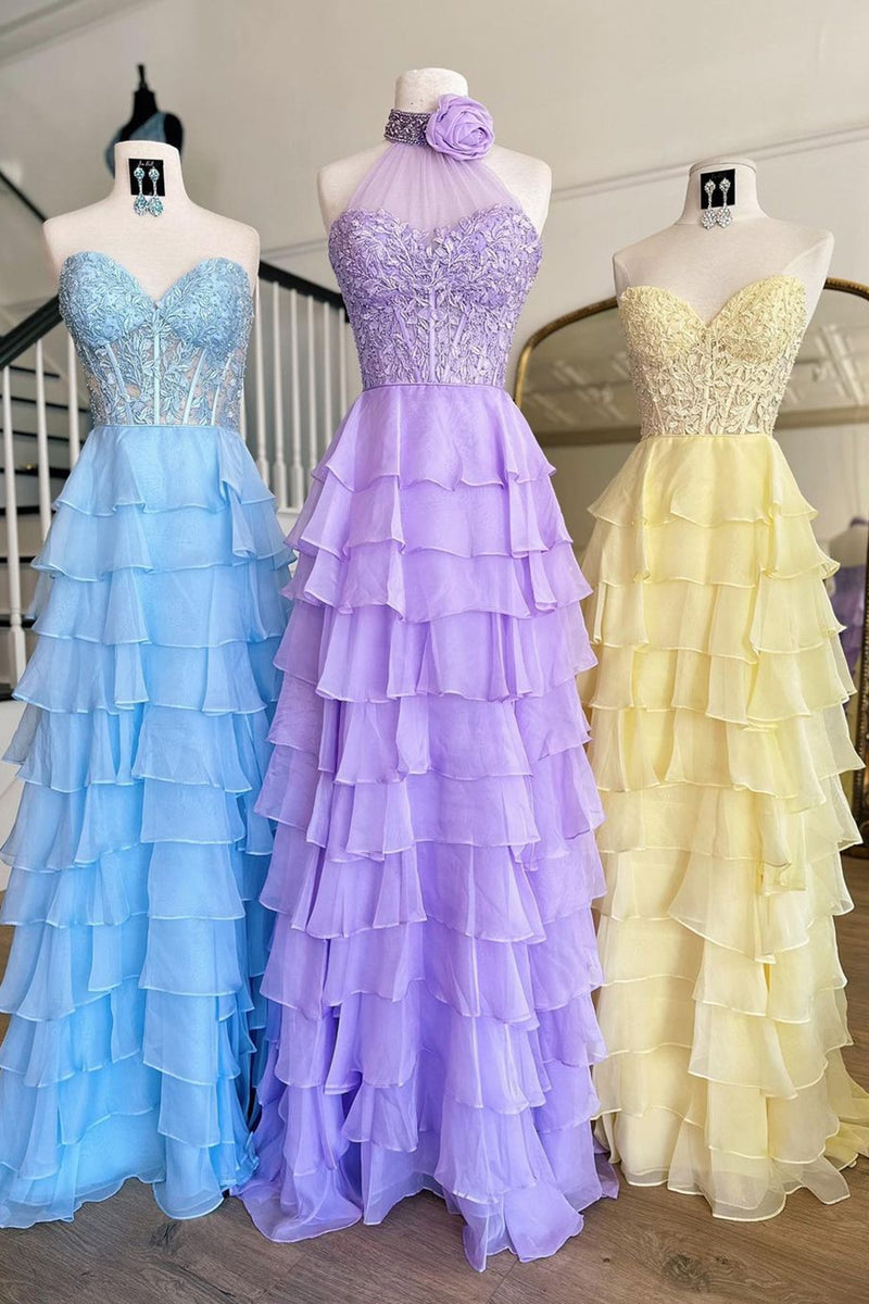 Load image into Gallery viewer, Sparkly Hot Pink A-Line Halter Flower Appliques Tiered Long Prom Dress with Slit