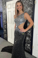 Load image into Gallery viewer, Sparkly Black Mermaid One Shoulder Beaded Long Prom Dress with Slit