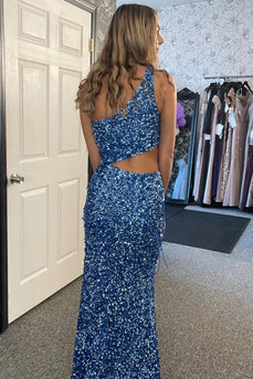 Sparkly Sky Blue Mermaid One Shoulder Sequins Long Prom Dress with Slit