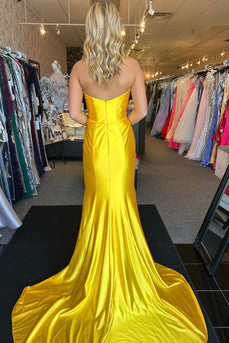 Sparkly Yellow Mermaid Strapless Ruched Satin Long Prom Dress with Bow