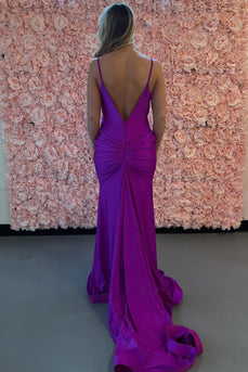 Purple Backless Spaghetti Straps Sweep Train Long Satin Prom Dress
