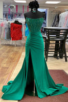 Load image into Gallery viewer, Strapless Sparkly Emerald Green Long Prom Dress with Beading