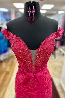 Sparkly Fuchsia Corset Off the Shoulder Appliqued Maxi Prom Dress with Slit